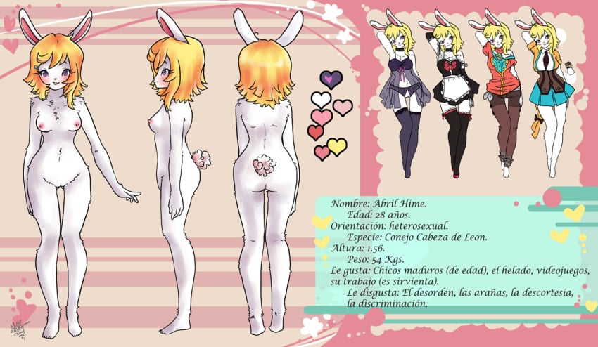 abril_hime abstract_background accessory babydoll blonde_hair blush bottomwear bra breasts brown_eyes clothing crotchless_panties digital_media_(artwork) dress female fur hair hair_accessory hairpin lagomorph legwear leporid lingerie long_ears maid_uniform mammal model_sheet nightgown nipples nude panties pants pichigani pink_nipples pussy rabbit shirt short_tail smile solo spanish_text stockings text topwear underwear uniform wardrobe white_body white_fur