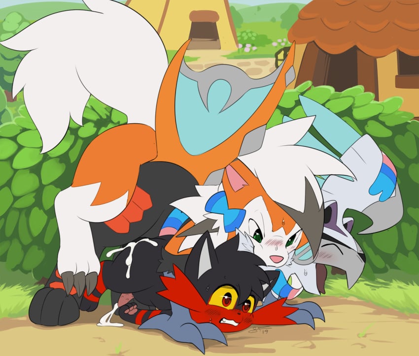 3boys bite blush bodily_fluids canine cum cum_in_ass cum_inside cum_on_ground dusk_lycanroc eeveelution feline feral feral_on_feral furry furry_only gay genital_fluids group group_sex hybrid kobe_torihito larger_male legendary_pokémon litten lucky_pierre lycanroc male male_only nintendo original_character outside penis pokémon_(species) pokemon pokemon_mystery_dungeon pokemon_sm pokemon_usm sex silvally size_difference slimefur smaller_male smile sylveon teeth threesome train_position video_games yaoi