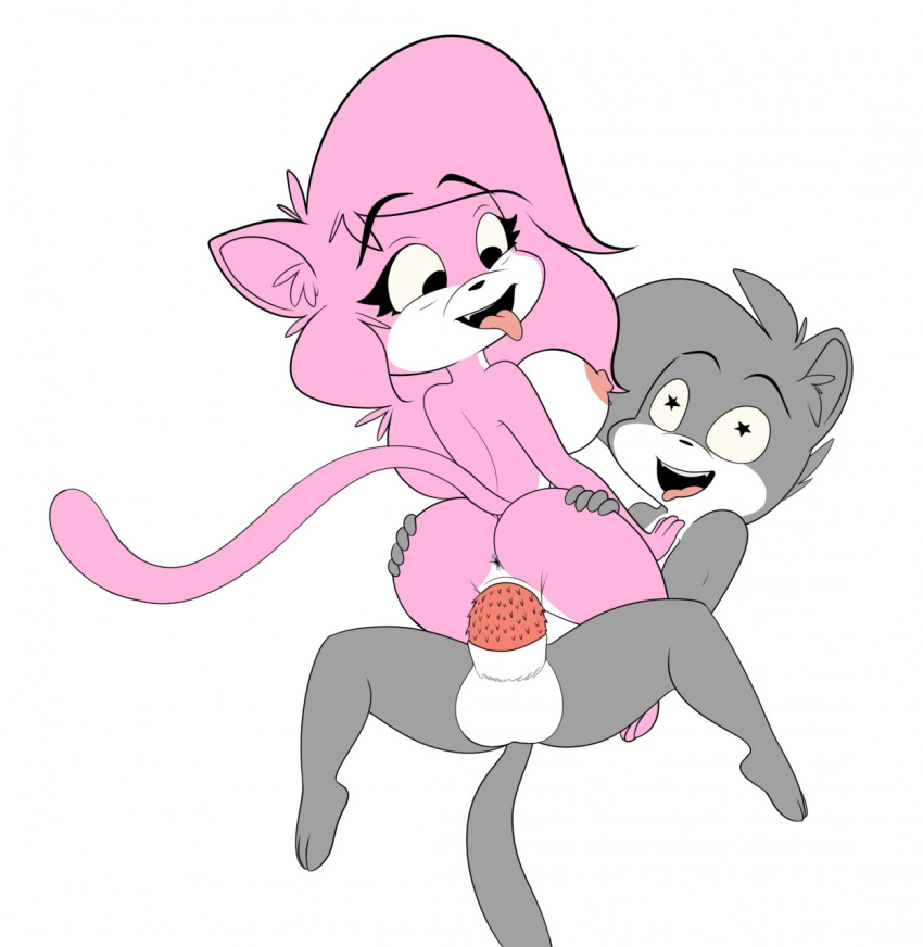 aeris_(vg_cats) anthro anus balls barbed_penis big_breasts breasts cowgirl_position domestic_cat dsketch3r_(artist) duo erection felid feline felis female fur grey_body grey_fur hair hi_res leo_(vg_cats) male mammal nipples nude on_top penis pink_body pink_fur sex straight tongue tongue_out vg_cats webcomic