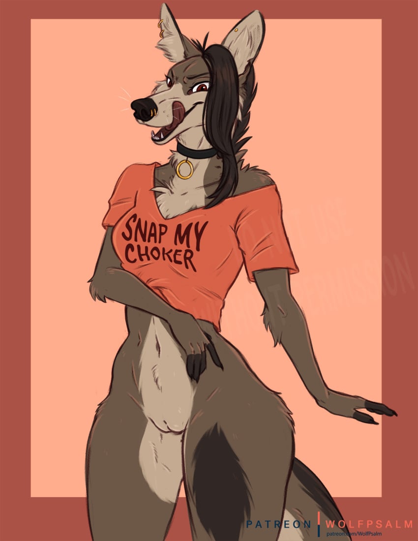 anthro bottomless breasts brown_body brown_fur brown_hair canid canine choker clothed clothing collar female fur hair hi_res jewelry looking_at_viewer mammal maned_wolf meme navel necklace open_mouth psalm pussy snap_my_choker solo standing tongue tongue_out url wide_hips wolfpsalm