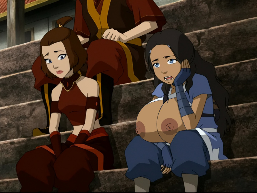 2girls accurate_art_style alternate_breast_size ambiguous_gender avatar_the_last_airbender breasts breasts_out casual_nudity clothing dark-skinned_female dark_skin edit gigantic_breasts half-closed_eyes head_on_hand huge_breasts huge_nipples katara large_breasts poivoit screenshot screenshot_edit small_breasts source_request suki zuko