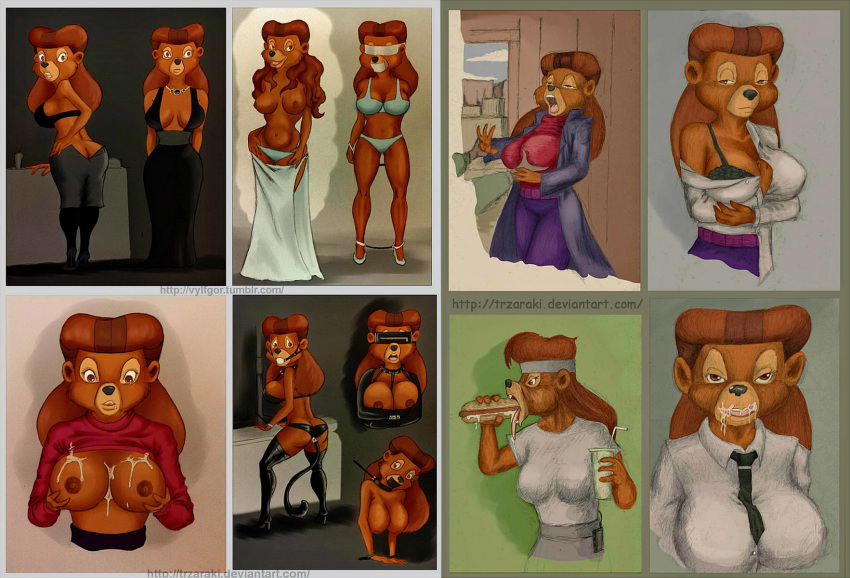 anthro becky bodily_fluids bra breasts clothing cum disney dress duo female genital_fluids hi_res mammal nipples panties rebecca_cunningham simple_background solo solo_focus talespin ursid vylfgor