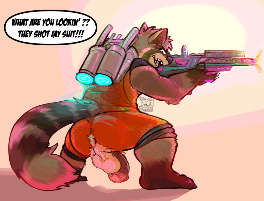 angry assisted_exposure balls brown_body brown_fur clothing exposed exposing fur furry genitals gloves_(marking) guardians_of_the_galaxy gun hi_res leg_markings looking_at_viewer male male_only markings marvel nsfw orange_clothing penis ranged_weapon ring_(marking) ringtail rocket rocket_raccoon simple_background socks_(marking) tail tail_markings tan_body tan_fur weapon yelling