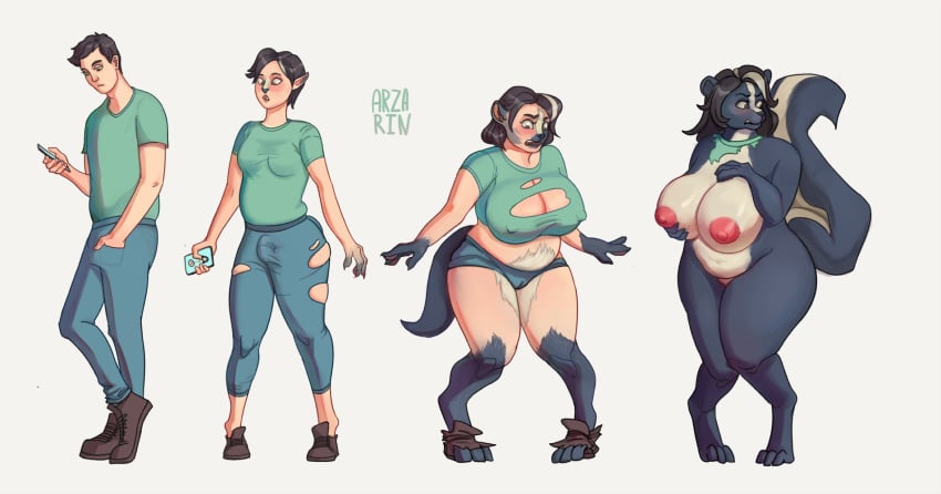 2019 annoyed anthro arzarin big_breasts black_hair breast_growth breasts cameltoe cleavage clothed clothing female gender_transformation hair hi_res human human_to_anthro male mammal mephitid mtf_transformation nipples pussy sequence shirt simple_background skunk solo species_transformation tail_growth topwear torn_clothes transformation white_background