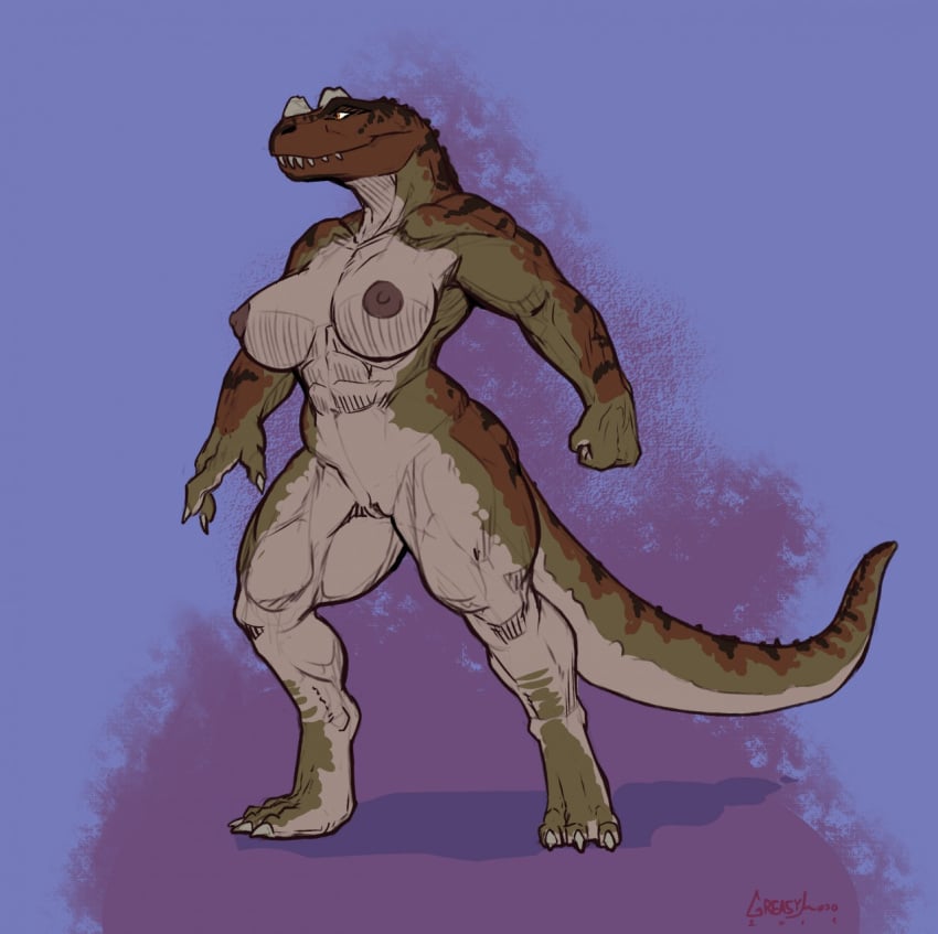 anthro big_breasts breasts ceratosaur ceratosaurid ceratosaurus digitigrade dinosaur female greasymojo hi_res horn long_tail muscular muscular_female muscular_thighs nipples non-mammal_breasts nude pose pussy reptile scalie sharp_teeth smile solo standing teeth theropod thick_tail thick_thighs