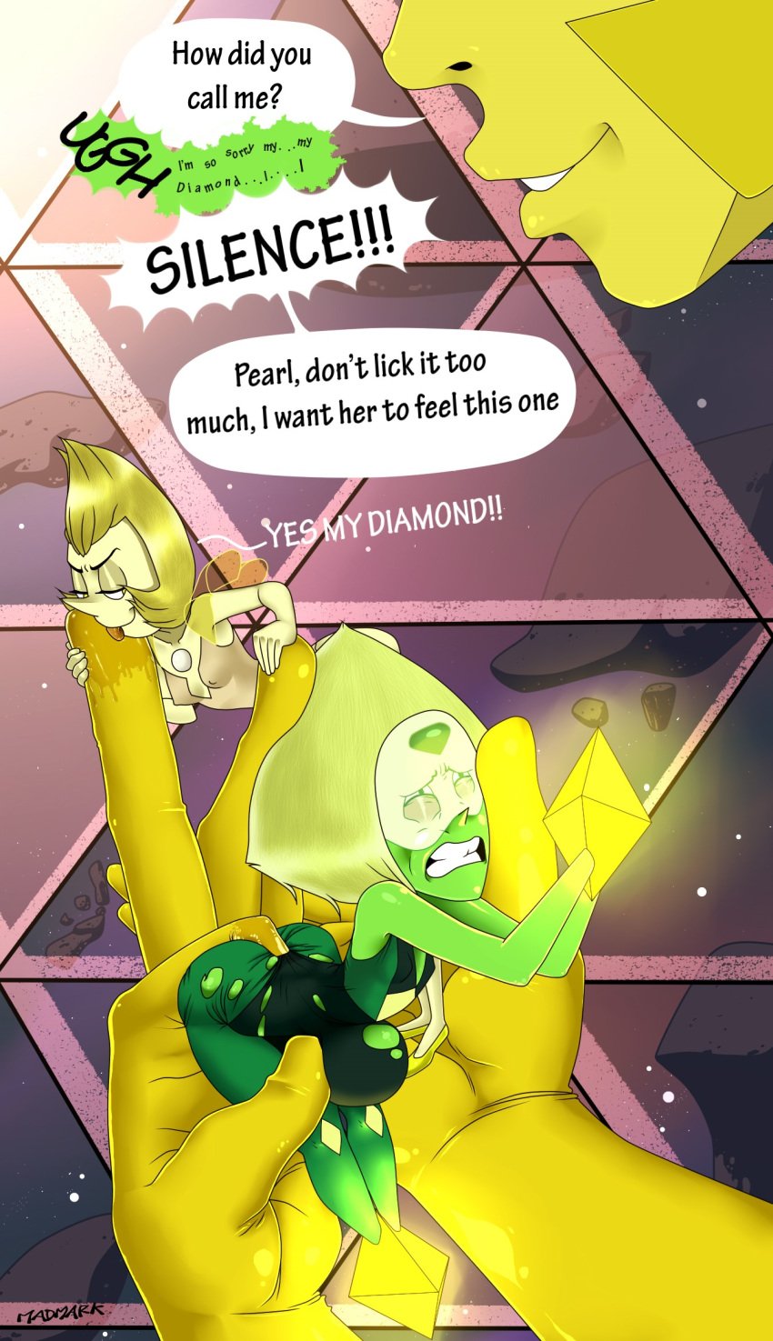 3girls alien_girl anal anal_fingering anal_sex anal_through_clothes blonde_hair breasts_apart cartoon_network diamond_authority english_text extreme_size_difference forced gem_(species) green_skin legs_together licking licking_fingers mad_mark madmark message_received_(steven_universe) multiple_girls peridot_(steven_universe) pointy_nose small_breasts speech_bubble steven_universe stomach_bulge through_clothes yellow_diamond_(steven_universe) yellow_pearl_(steven_universe) yellow_skin yuri