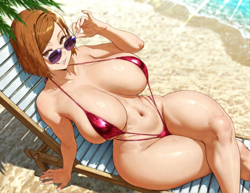1girls ai_generated big_ass female_focus female_only floresai huge_breasts jujutsu_kaisen kugisaki_nobara looking_at_viewer narrow_waist naughty_face nobara_kugisaki patreon patreon_url patreon_username slingshot_swimsuit voluptuous wide_hips