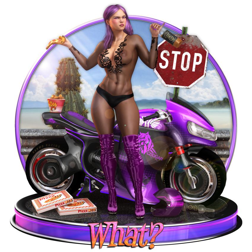 1girls 3d abs becarra big_breasts bike bodysuit boots bottle busty cleavage curvy detailed_background ear_piercing earrings english_text erect_nipple erect_nipples eyelashes female female_only food front_view helmet holding_object hourglass_figure humanoid long_hair looking_at_viewer nail_polish nipple_bulge original_character outdoor outside pizza pose posing purple_eyes purple_hair see-through shiny shiny_skin short_shorts shorts solo standing text thong voluptuous wide_hips