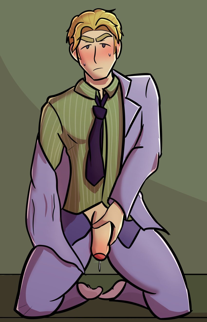 1boy blonde_hair blush diamond_is_unbreakable formal_wear jojo's_bizarre_adventure male_only penis_out spiceyart suit yoshikage_kira