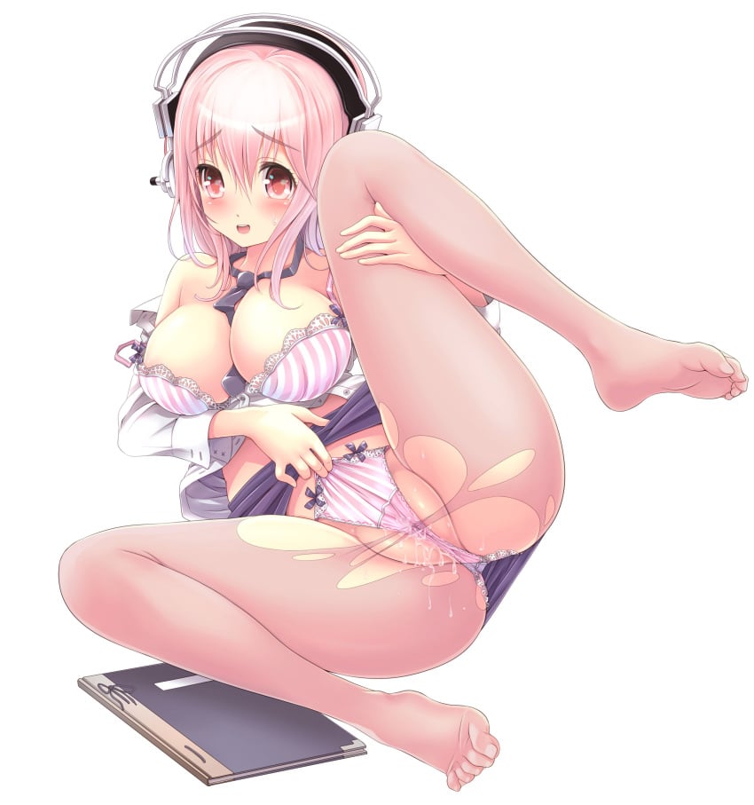 bra breast_hold business_suit censored cleavage feet foot_fetish headphones nitroplus open_shirt pantsu pantyhose pussy pussy_juice shimapan skirt_lift sonico super_sonico thong toes torn_clothes v-mag