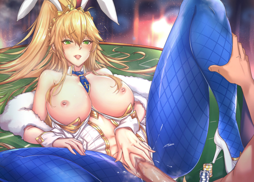 animal_ears antiqq artoria_pendragon artoria_pendragon_(lancer) artoria_pendragon_(swimsuit_ruler) breasts bunny_ears bunny_girl censored fate/grand_order fate_(series) heels nipples no_bra nopan open_shirt pantyhose penis pussy sex torn_clothes vaginal_penetration