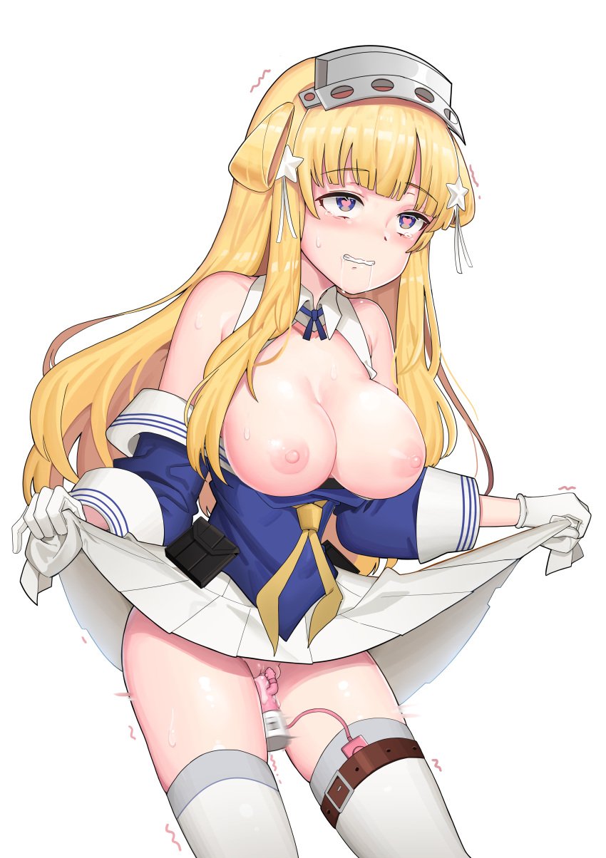 absurdres and-j_(dlwjdqja1212) areolae blonde_hair blue_eyes blue_shirt blush breasts cleavage clenched_teeth clitoris clothed_masturbation clothing detached_collar double_bun drooling female female_masturbation female_only fletcher_(kantai_collection) gloves graphite_(medium) hair_ornament hairband headband heart heart-shaped_pupils highres kantai_collection large_breasts long_hair long_sleeves machinery masturbation neckerchief nipples no_bra object_insertion off_shoulder pleated_skirt pussy pussy_juice rudder_footwear sailor_collar school_uniform serafuku shin_guards shirt shirt_pull simple_background skirt skirt_lift solo star star_hair_ornament stockings sweat symbol-shaped_pupils tears teeth thighhighs traditional_media trembling uncensored vaginal_object_insertion vaginal_penetration vibrator vibrator_cord vibrator_in_pussy white_gloves white_legwear white_sailor_collar white_skirt yellow_neckwear