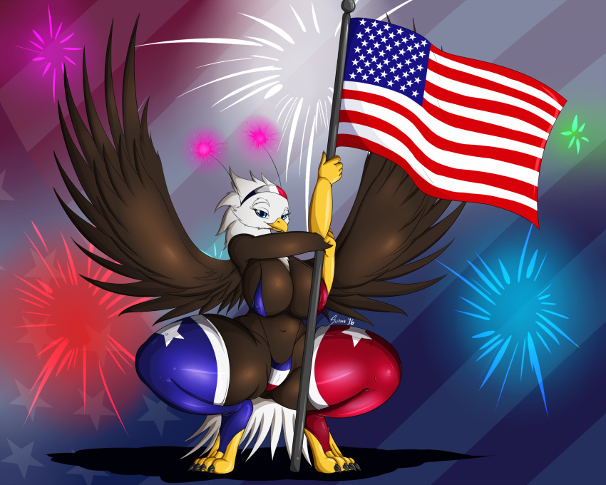 1girls 2016 4th_of_july 5:4 accipitrid accipitriform american_flag american_flag_bikini american_flag_legwear anthro avian bald_eagle beak big_breasts bird blue_eyes breasts cameltoe claws cleavage clothed clothing crouching curvy_figure eagle feathered_wings feathers female fireworks flag hi_res holding_object legwear liberty_(suirano) looking_at_viewer navel nipple_bulge non-mammal_breasts pokies sea_eagle skimpy smile solo spread_legs spread_wings spreading suirano thick_thighs thigh_highs toe_claws voluptuous wings