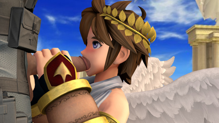 3d angel angel_wings balls brown_hair clothing gil_the_mute gray_eyes handjob handwear headwear human kid_icarus kid_icarus_uprising male male/male metal_gear_solid nintendo oral penis pit pit_(kid_icarus) solid_snake source_filmmaker super_smash_bros. white_wings wings yaoi