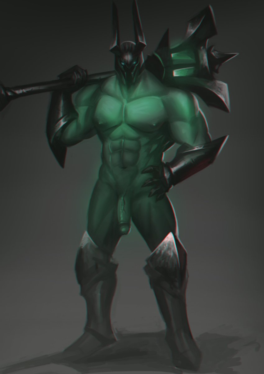 1boy abs armor bara big_penis erect_nipples green_body green_eyes green_nipples green_penis green_skin grey_background league_of_legends male male_focus male_only monster monster_boy monster_cock monster_kink mordekaiser muscle muscles muscular muscular_male nipple nipples no_humans no_testicles nose_blush nude nude_male simple_background vein veins veiny veiny_penis