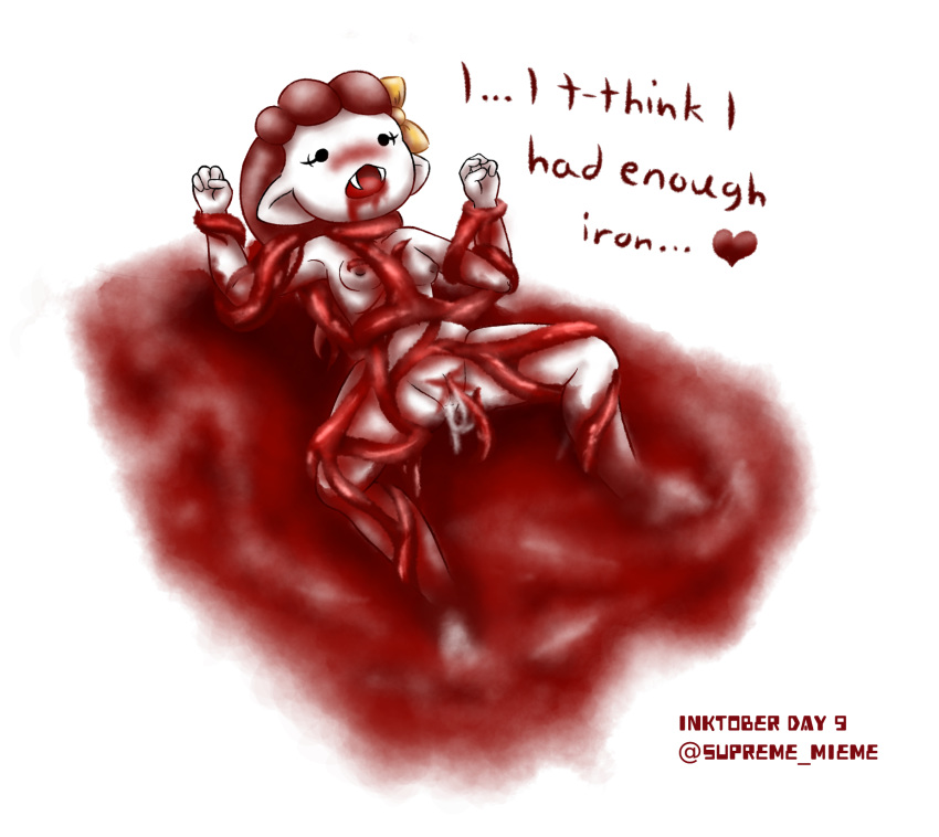 blood blood_puddle blush body_writing bow choking clenched_hand dark_nipples dot_eyes english_text eyelashes fangs gore holding_arm holding_legs little_vamp open_mouth pointy_ears pussy pussy_juice pussy_juice_drip pussy_rub red_hair rubbing shared_memories shocked shy_ayu small_breasts stimulation surprised tentacle tentacle_rape text vaginal_stimulation vampire white_background white_skin wrapped yellow_bow