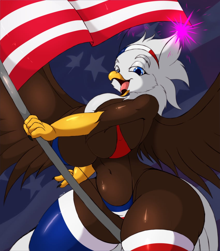 2019 4th_of_july accipitrid accipitriform anthro avian bald_eagle beak bird breasts clothing digital_media_(artwork) eagle female flag hi_res legwear liberty_(suirano) looking_at_viewer nipple_outline non-mammal_breasts open_beak open_mouth sea_eagle signature solo spread_wings suirano tongue wings