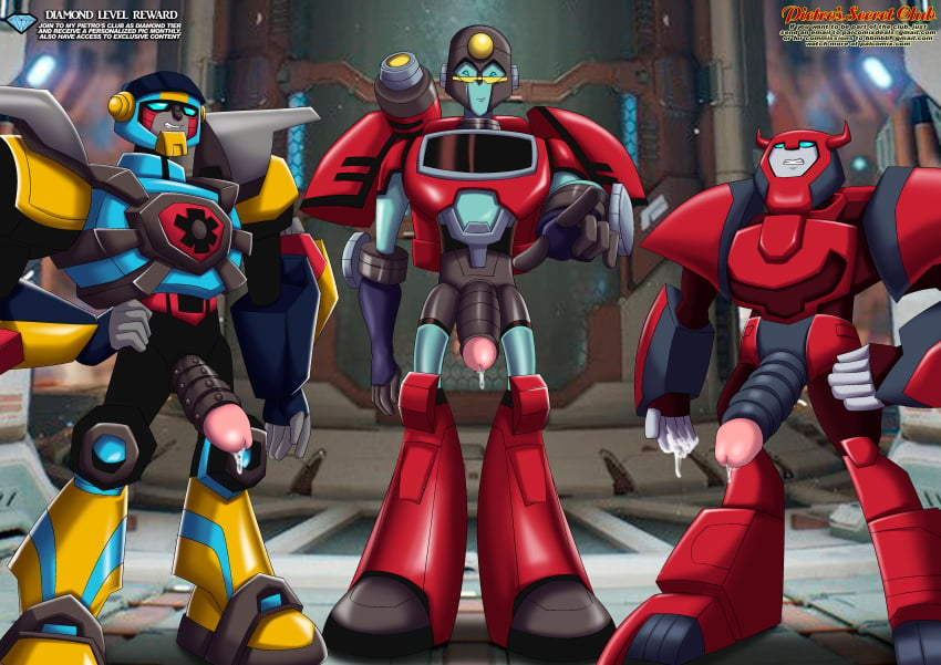 3boys big_penis cliffjumper cum cum_leaking hot_shot looking_at_viewer male_focus male_only palcomix penis perceptor pointing_at_viewer robot transformers transformers_animated