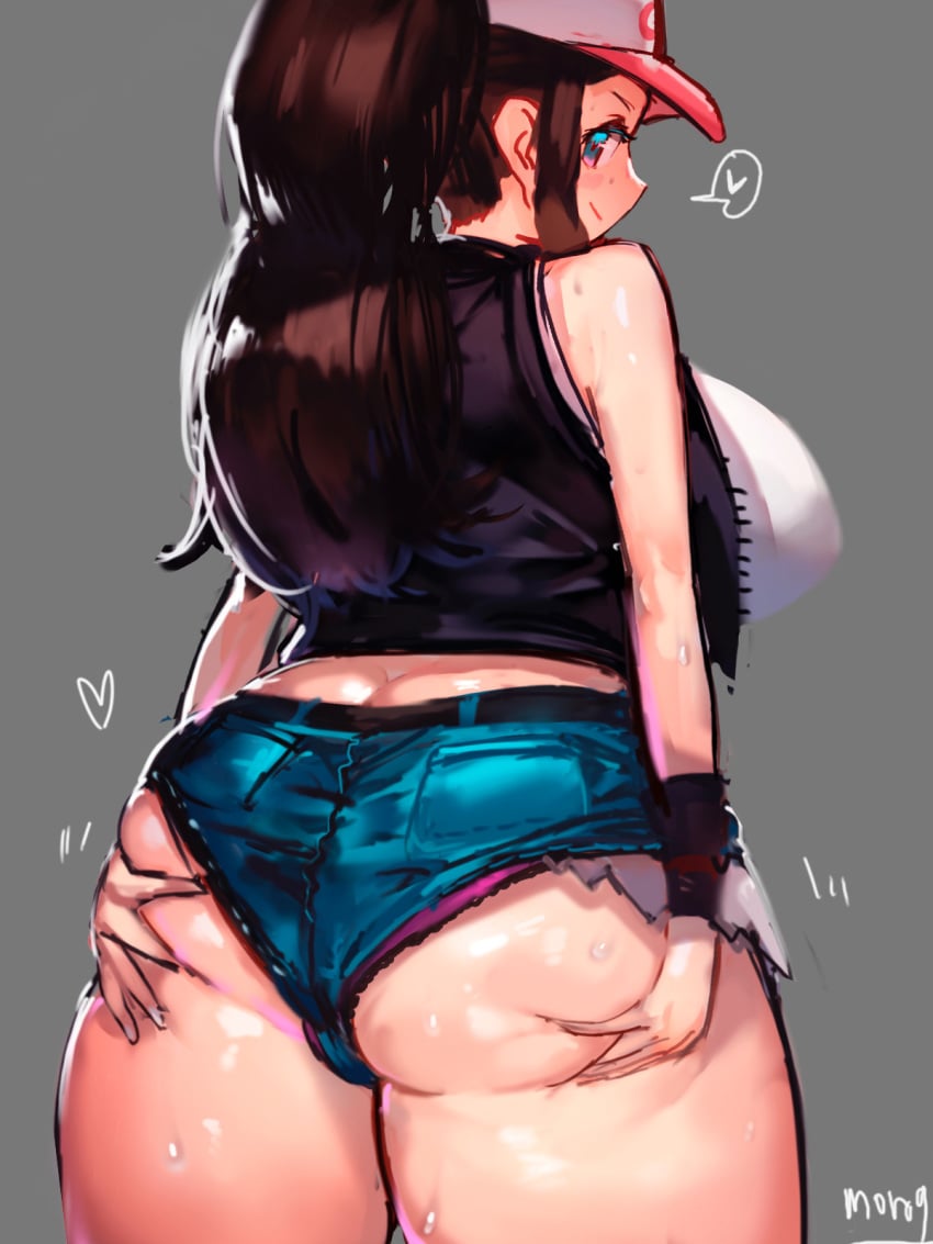 1girls alternate ass back big_ass breasts breasts_bigger_than_head chubby clothed eye_contact female female_only hat hilda_(pokemon) huge_ass huge_breasts huge_thighs looking_at_viewer moromoro nintendo plump pokemon pokemon_bw ponytail pose shirt shorts solo tagme thick_thighs wide_hips