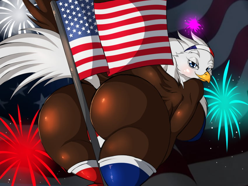 1girls 2018 4:3 4th_of_july accipitrid accipitriform american_flag american_flag_bikini american_flag_legwear anthro ass avian bald_eagle beak big_ass big_breasts bird breasts clothing digital_media_(artwork) eagle female fireworks flag hi_res holidays huge_ass legwear liberty_(suirano) looking_at_viewer non-mammal_breasts outside sea_eagle solo suirano wings