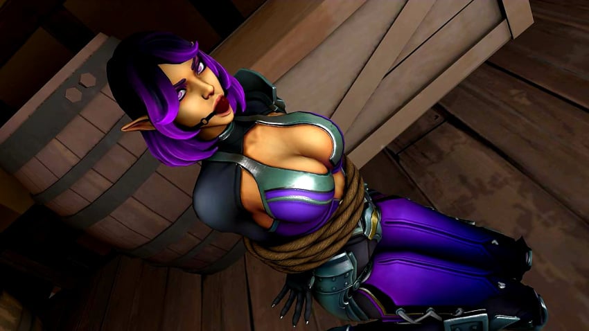 3d ball_gag chibuke cleavage elf_ear gag gagged paladins pointy_ears purple_hair revealing_clothes shoulder_length_hair skye_(paladins) source_filmmaker tied_to_chair