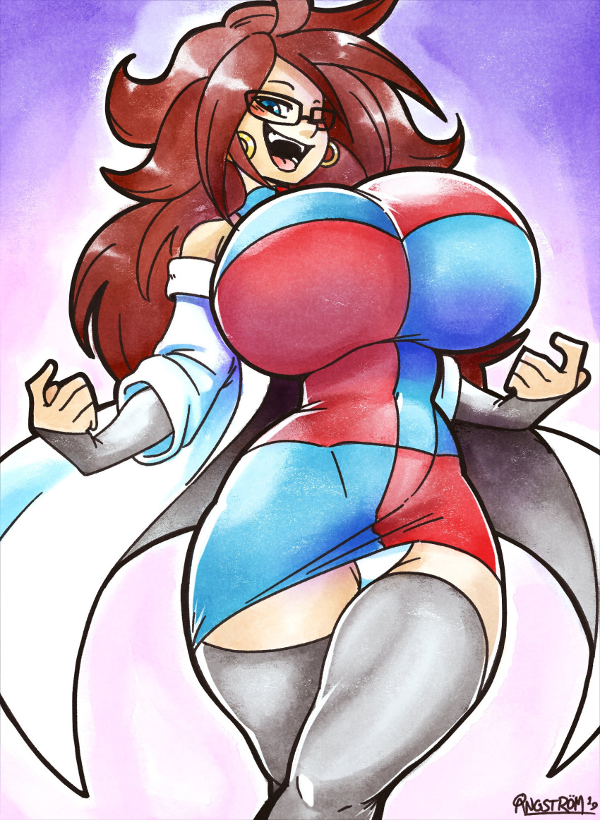 android_21 android_21_(human) angstrom breasts_bigger_than_head brown_hair dragon_ball dragon_ball_fighterz drawn dress female female_only glasses huge_breasts labcoat legwear long_hair panties solo