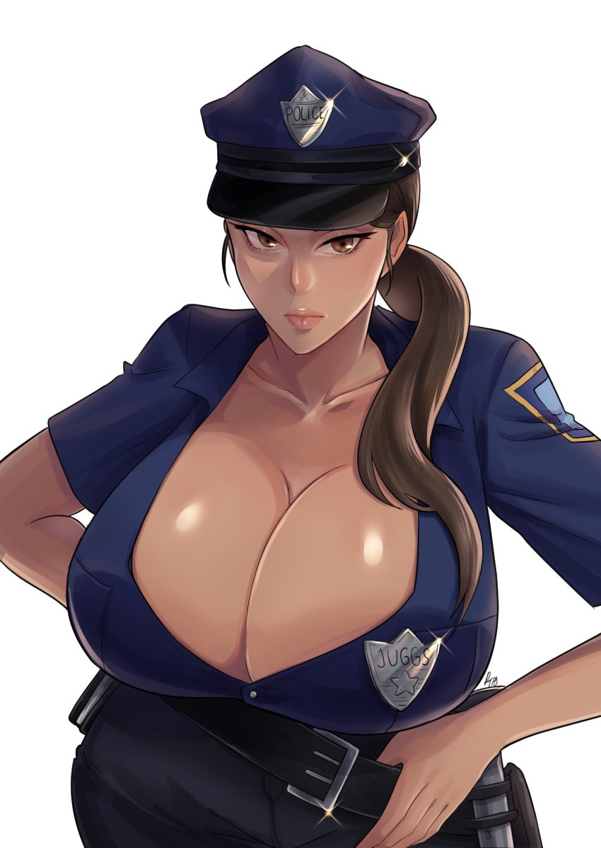 1girls alternate_version_available belt big_breasts breasts breasts_bigger_than_head bust busty cameltoe cleavage clothed clothed_female curvy female female_only gigantic_breasts hands_on_hips hips huge_breasts jasmine_juggs long_hair looking_at_viewer meet_'n'_fuck_games meet_and_fuck plain_background police police_hat police_officer police_uniform policewoman ponytail roctis_tray simple_background solo solo_female thick_lips thighs uniform voluptuous white_background wide_hips