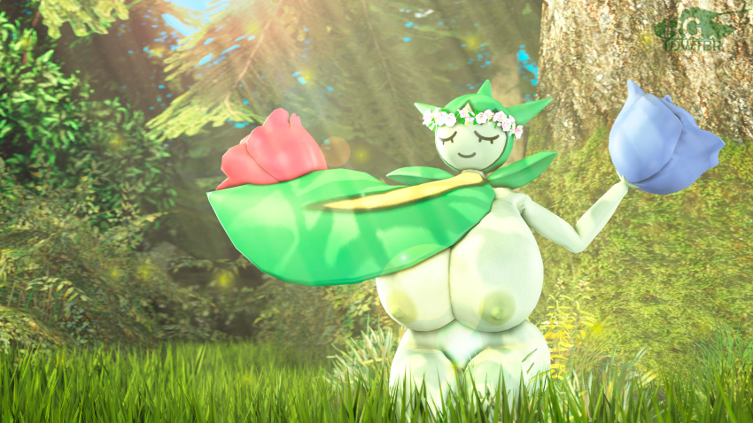 1girls 3d anthro anthrofied breasts chubby closed_eyes flora_fauna flower forest green_skin hyper_breasts nintendo nude outdoors plant pokemon pokemon_rse pose rgtdwtbr rose roselia sitting smile solo source_filmmaker source_request thick_thighs