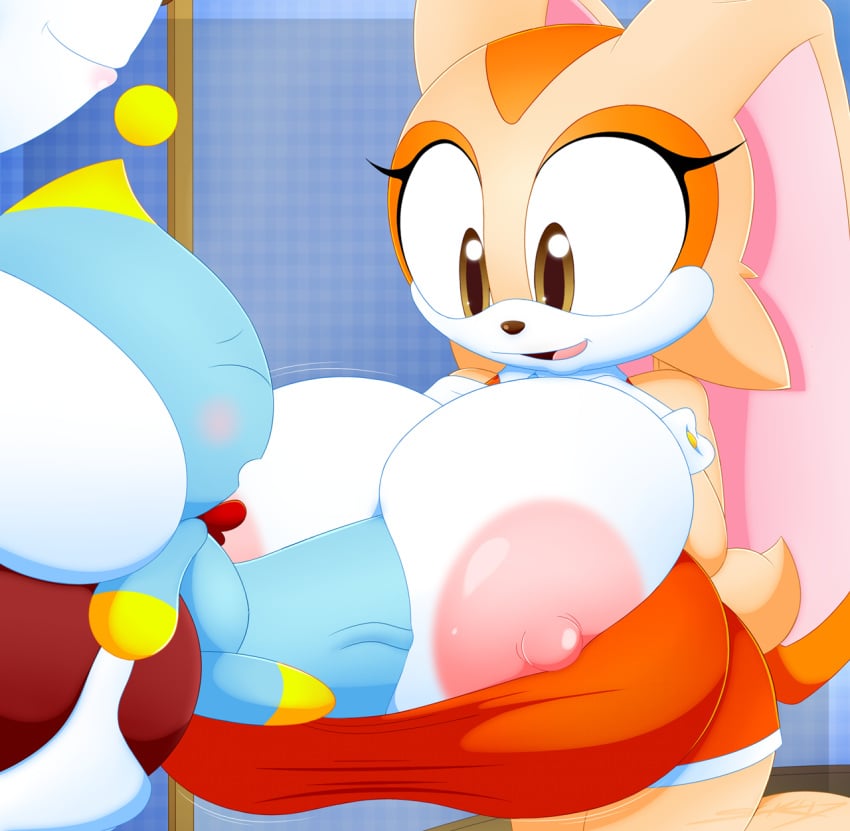 anthro big_breasts big_penis breasts chao_(sonic) cheese_the_chao cream_the_rabbit dress exposed_breasts exposed_nipples female furry huge_breasts huge_cock hyper hyper_penis male paizuri rabbit sega skirt slickehedge smaller_male smile sonic_(series) straight vanilla_the_rabbit