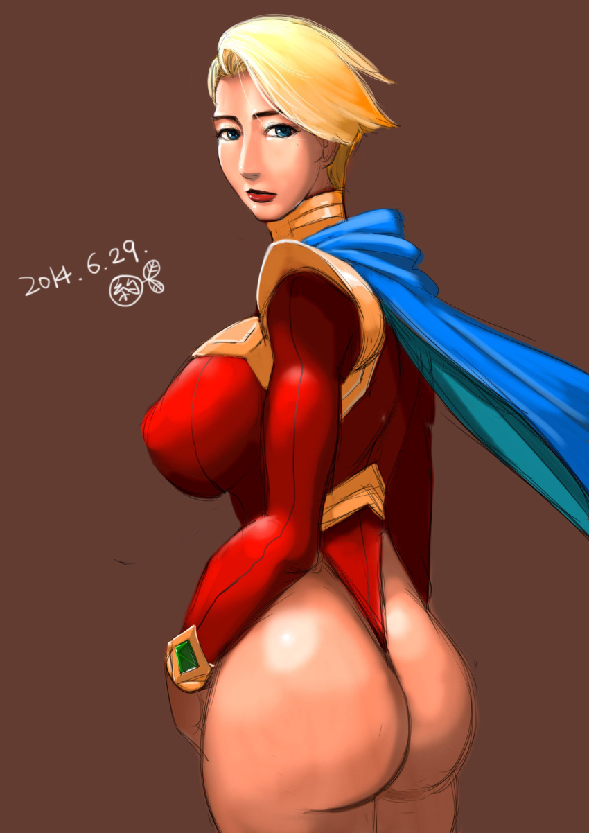 blonde_hair eighth_wonder female huge_ass huge_breasts mature_female short_hair superheroine thong_leotard uchi_no_musume_ni_te_o_dasu_na!