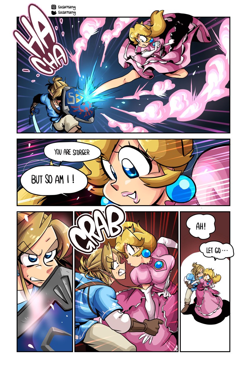 1boy 1girls absurd_res angry arm_grab blonde_hair blue_eyes breath_of_the_wild clothed clothing comic crossover dress earrings english_text female fight fighting grabbing hair heels highres holding holding_sword human hylian_shield kick kicking link link_(breath_of_the_wild) lips lipstick looking_at_another male mario_(series) master_sword nintendo princess_peach sasatseng shield shocked smile smoke speech_bubble super_smash_bros. sword teeth text the_legend_of_zelda typo