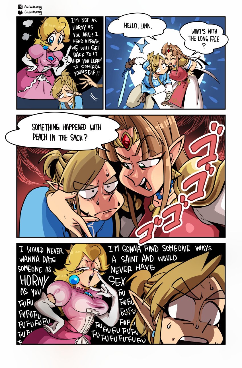 1boy 2girls a_link_between_worlds absurd_res angry blonde_hair breath_of_the_wild closed_eyes clothed clothing comic crossover dialogue dress earrings english_text female highres holding holding_weapon hugging japanese_text jojo_reference link link_(breath_of_the_wild) male mario_(series) master_sword multiple_girls nintendo open_mouth pointy_ears princess_peach princess_zelda royalty sasatseng smile smug speech_bubble super_smash_bros. sweat sword taunting text the_legend_of_zelda tiara triforce_earrings upset zelda_(a_link_between_worlds) ゴゴゴゴゴ