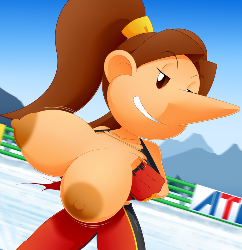 atlus big_breasts breasts clothing female female_only flashing flashing_breasts human linda_maltinie ripped_clothes slickehedge snowboard_kids solo