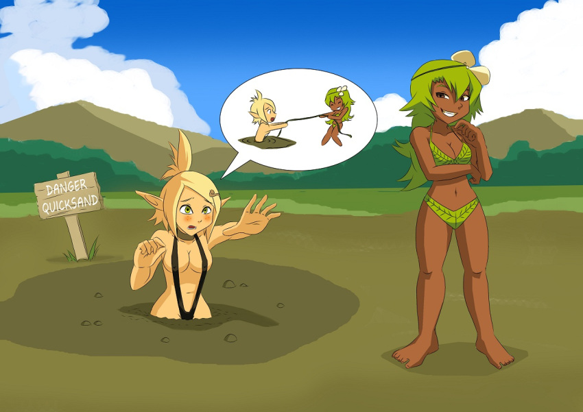 2girls a-020 amalia begging bikini blonde_hair breasts dark-skinned_female dark_skin dialogue english_text evangelyne evil_grin evil_smile female female_only flower green_bikini green_eyes grin hazel_eyes leaf leaf_bikini light_skin medium_breasts mud multiple_girls open_mouth peril quicksand reaching reaching_out sign sinking sling_bikini smile startled swimsuit text thinking vine vines wakfu