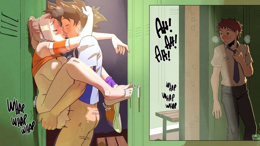 1girls 2boys against_wall ass big_breasts blush brown_hair cheerleader cheerleader_uniform closed_eyes cuckold digimon digimon_adventure digimon_adventure_tri. female french_kiss human kenno_arkkan kissing kissing_while_penetrated koushiro_izumi light-skinned_female locker_room male mimi_tachikawa netorare ntr penetration red_hair sex shirt_up shorts_around_one_leg standing_sex straight suspended_congress taichi_yagami teenage_girl teenager text vaginal_penetration voyeur voyeurism