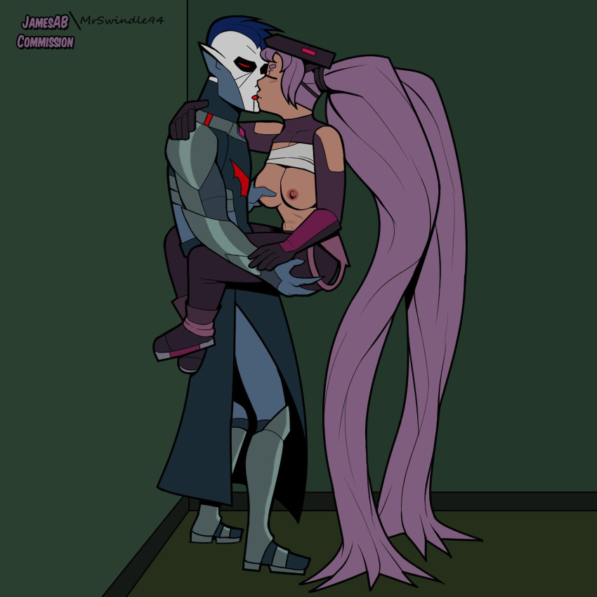 absurdly_long_hair against_wall alien bare_breasts breast_grab entrapta female fright_zone holding_up hordak horde_symbol_(she-ra) jamesab kissing long_hair male mrswindle94 she-ra_and_the_princesses_of_power straight