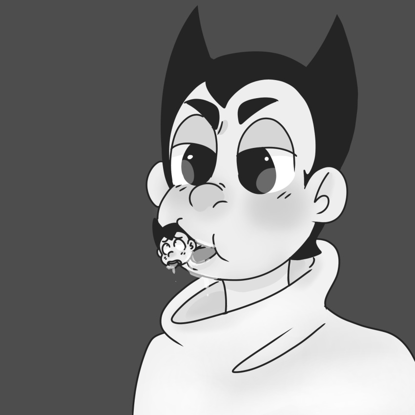 ahe_gao astro_boy black_hair gay greyscale saliva vore