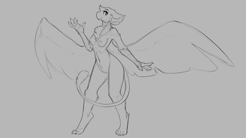 2019 4_fingers anthro avian beak breasts chest_tuft digitigrade female fingers grey_background gryphon monochrome navel nipples pussy simple_background smile solo standing tuft watsup wings