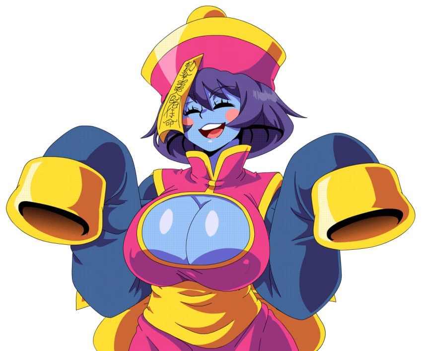 1girls 2d animated animated_gif big_breasts blue_hair blush bouncing_breasts breasts capcom cleavage closed_eyes clothing darkstalkers erect_nipples female female_only gif happy hat hsien_ko jiangshi keyhole large_breasts lei-lei lei_lei lewdamone long_sleeves open_mouth short_hair smile solo