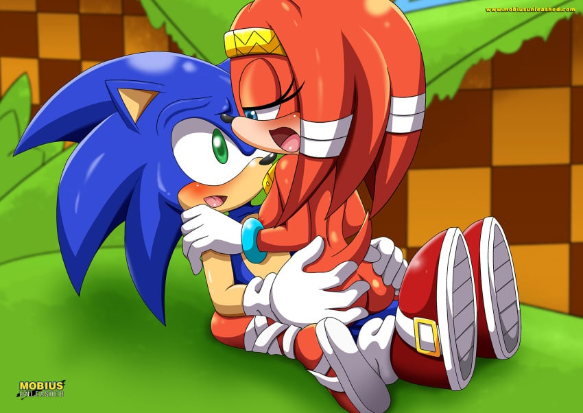 ass_grab blush gloves green_hill_zone looking_at_another male mobius_unleashed outdoors palcomix sandals sneakers sonic_(series) sonic_the_hedgehog tikal_the_echidna