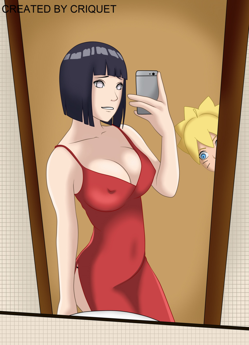 big_breasts blonde_hair blue_eyes blue_hair boruto:_naruto_next_generations breasts clothed clothed_female criquet dress hyuuga_hinata milf naruto naruto_(series) phone photo purple_eyes selfie short_hair smile spy spying standing uzumaki_boruto white_skin