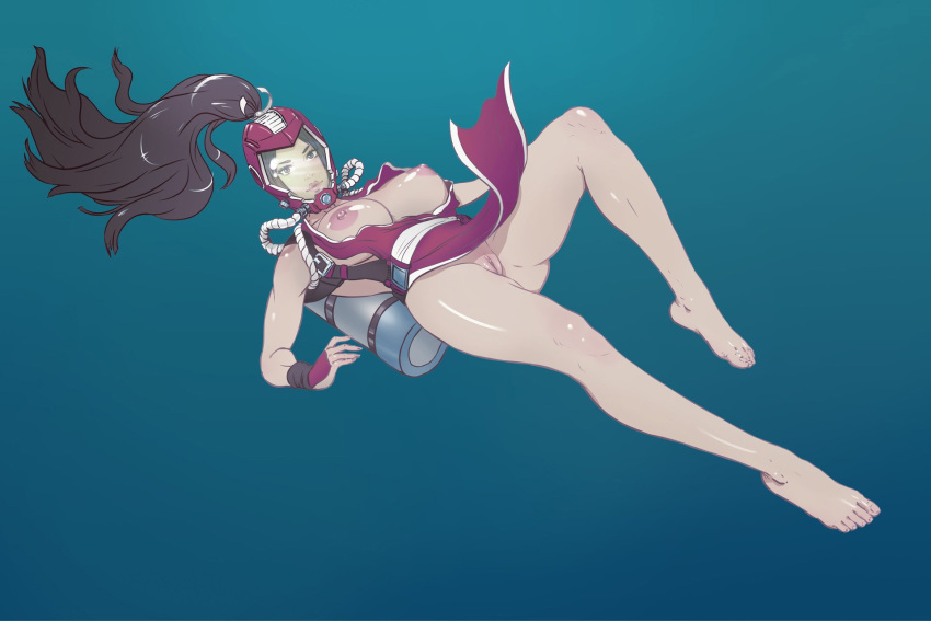 1girls areolae ass bare_arms bare_legs bare_shoulders barefoot big_breasts blue_background bottomless breasts breasts_out brown_hair busty cleavage clitoral_hood clitoris diver diving diving_helmet facing_viewer fatal_fury feet female female_focus female_only fingerless_gloves full_body functionally_nude_female gradient_background helmet high_ponytail king_of_fighters kupocun large_breasts lipstick long_hair looking_at_viewer mai_shiranui nipples no_bra no_panties open_shirt pinup ponytail pussy scuba scuba_gear scuba_mask sideboob simple_background snk solo tagme thick_lips tied_hair uncensored underwater vagina water