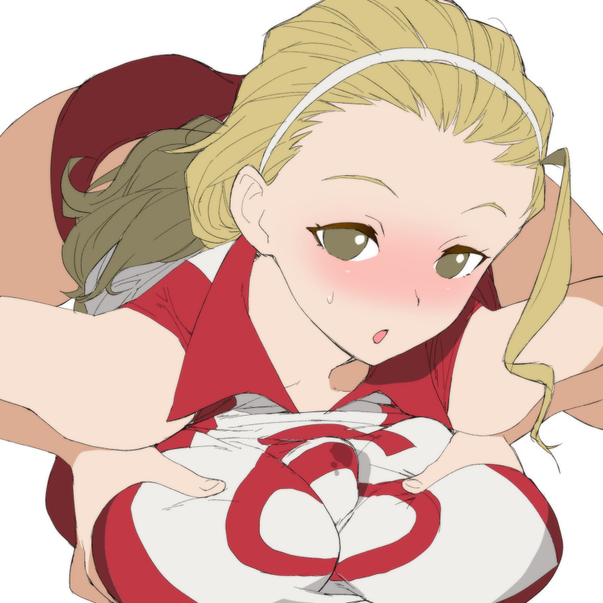 1:1_aspect_ratio 1boy blonde blonde_hair blush breasts female girls_und_panzer green_eyes high_resolution large_breasts male onsen_tamago_(hs_egg) paizuri sasaki_akebi simple_background sportswear volleyball_uniform white_background