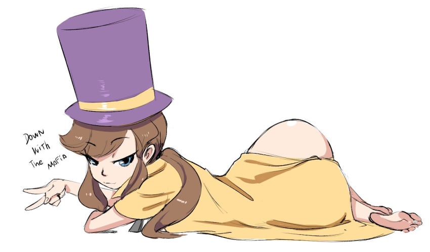 1girls a_hat_in_time ass bard-bot blue_eyes brown_hair butt_crack cape clothed english_text eyebrows_visible_through_hair greek_toe hat hat_adult hat_kid looking_at_viewer on_side peace_sign ponytail