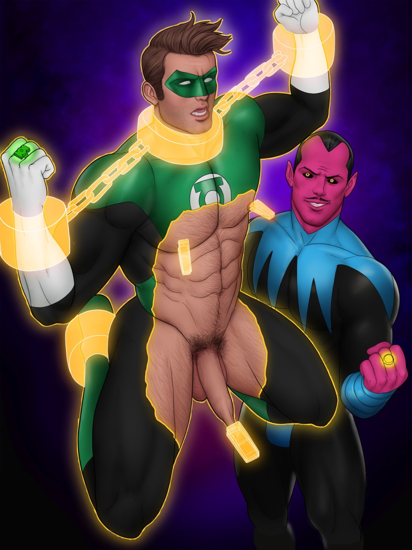 2boys abs amber_eyes black_hair black_sclera bondage bound_ankles bound_wrists brown_hair dc dc_comics dominant_villain drawnpr0n foreskin foreskin_play foreskin_pull gay green_lantern green_lantern_(series) hal_jordan hard_light human humansub male male_nipples male_only mask mustache nipple_clamps nipple_play nippleplay nipples no_pupils pecs penis pointed_ears red_skin rings sinestro torn_bodysuit uncensored uncut yaoi yellow_eyes