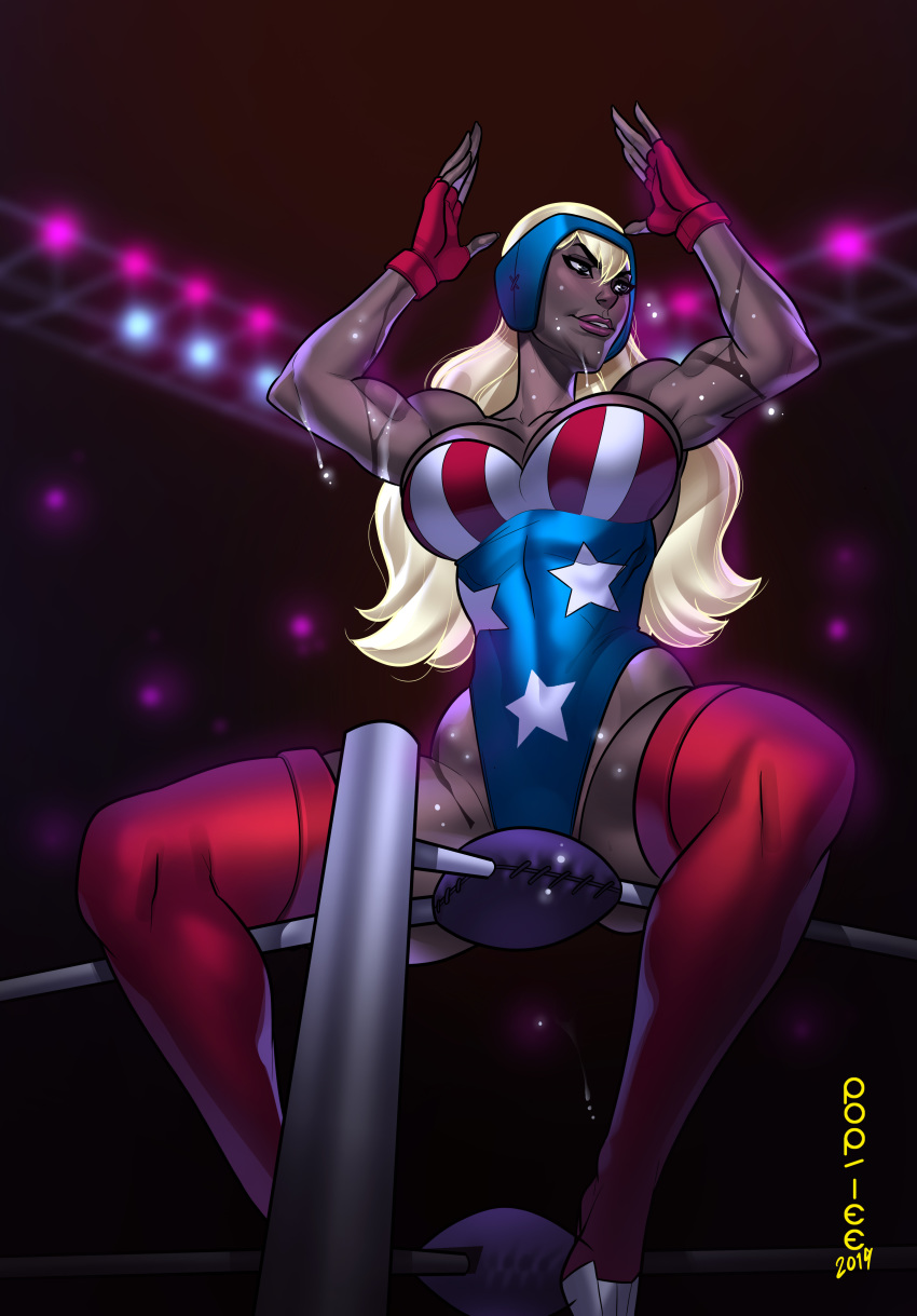 american_flag blonde_hair dark-skinned_female dark_skin eek!_the_cat female fingerless_gloves flexing gloves muscular_female platinum_(eek_the_cat) pop-leex sweat wrestling_outfit wrestling_ring wrestling_singlet