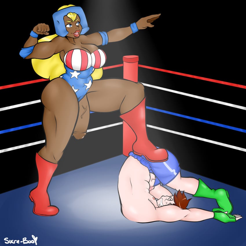 american_flag dark-skinned_futanari dark_skin defeated eek!_the_cat flexing futa_is_bigger futa_with_male futanari intersex moosey muscular_futanari penis penis_size_difference platinum_(eek_the_cat) thick_penis wrestling_outfit wrestling_ring wrestling_singlet