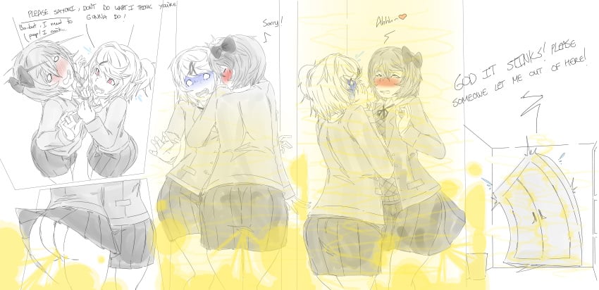 2girls disgusted doki_doki_literature_club excessive_fart fart fart_cloud fart_everywhere fart_torture farting lazei lingering_stench multiple_girls natsuki_(doki_doki_literature_club) sayori_(doki_doki_literature_club) school_uniform schoolgirl skirt_lift stench tagme trapped