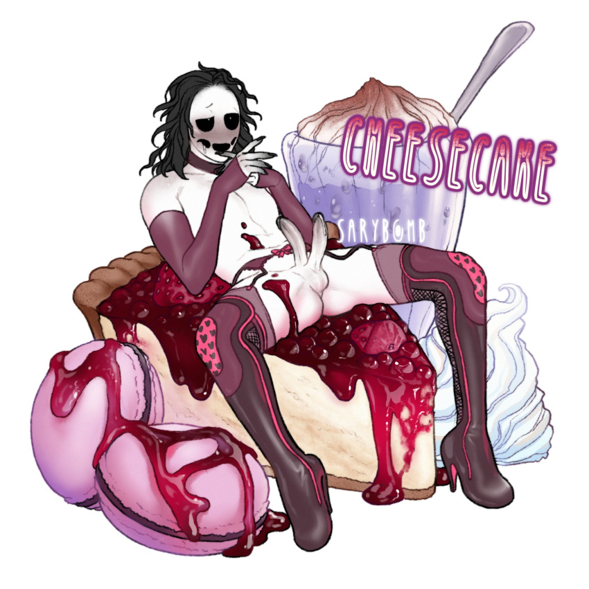 1boy balls black_sclera cheesecake collar crossdressing diphallia diphallism elbow_gloves erection food food_play male_only monster_boy multi_penis nude penis pose quiz_(sarybomb) sarybomb sitting solo spread_legs thigh_boots white_background