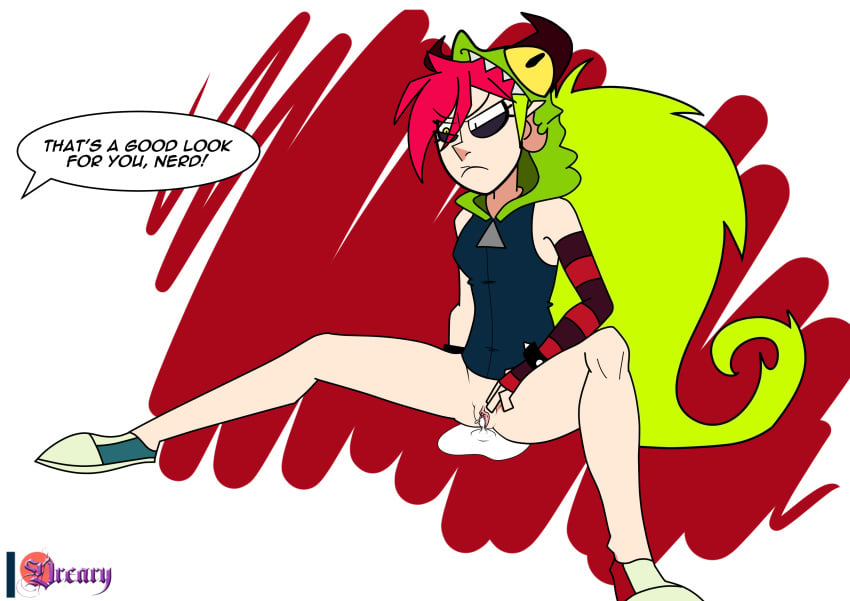 1girls cartoon_network clothing cum_drip cum_dripping cum_inside demencia_(villainous) disembodied_voice dreary leaking_cum text villainous